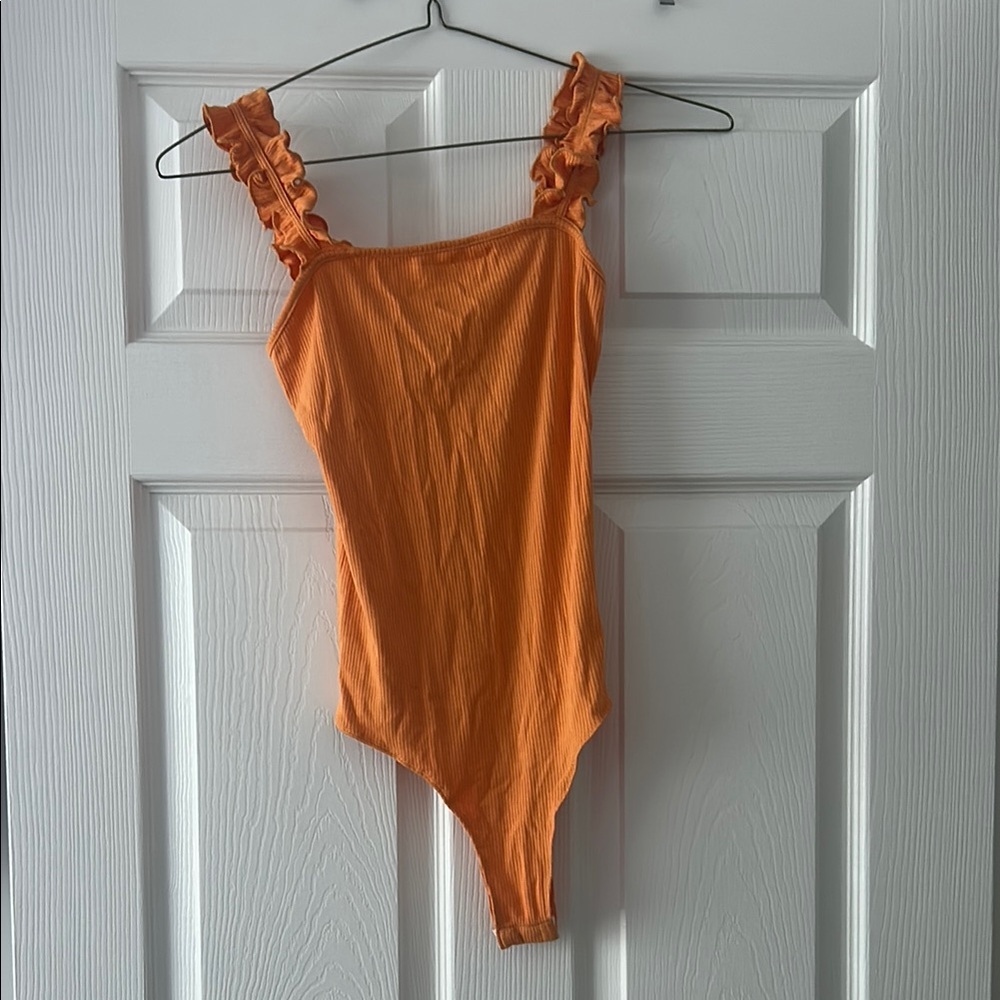 Orange Ruffled Strap Bodysuit